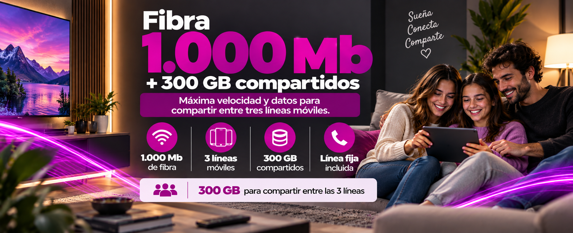 Fibra 1.000 Mb con 300 GB compartidos entre 3 líneas WIFITECH